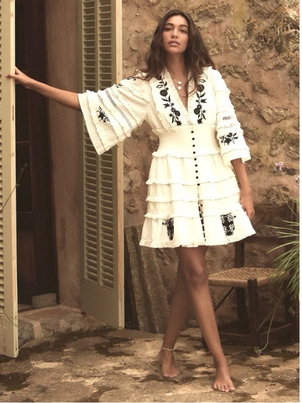 Anthropologie Embroidered Tiered Mini Dress in White with Black Accents